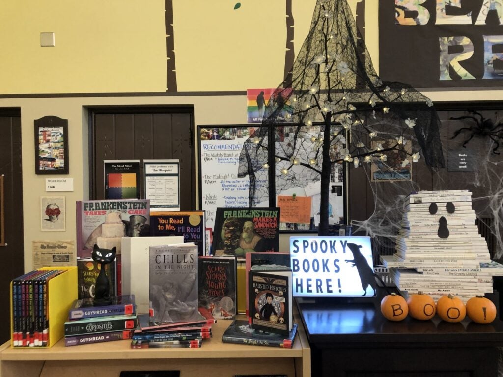 spooky book display in the library